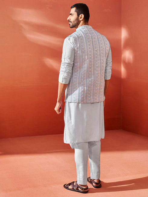 Men's Aqua Viscose Jacket,Kurta And Pyjama Set.